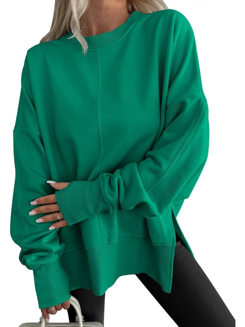 Women's Green Fleece Lined Slit Side Tunic Comfort Pullover Oversized Sweatshirt